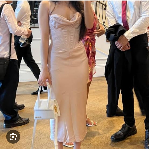 House of CB Dresses & Skirts - Elegant Blush Slip Midi Dress with Corset Bodice